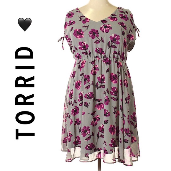torrid Dresses & Skirts - Torrid Floral Tie Sleeve Grey Purple Pink Dress 3X